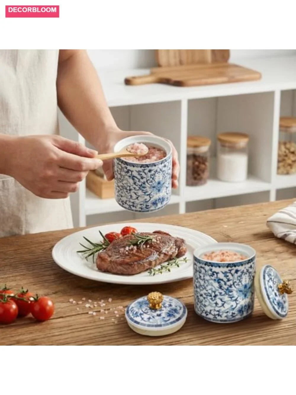 Set of 2 Porcelain Salt Cellars with Airtight Lids, Ceramic Spice Jars for - Picture 6 of 6